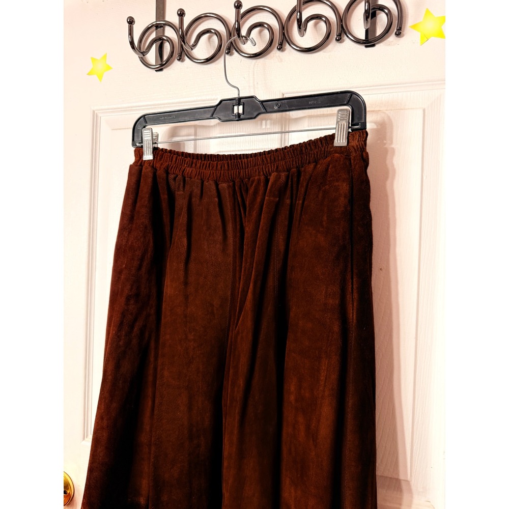 VTG Branded Santa Fe Brown Suede Leather Midi Skirt Elastic Waist Western Large - Picture 3 of 10